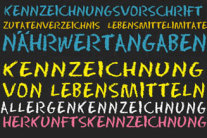 Schrift 'Kennzeichnung von Lebensmitteln', 'Nährwertangaben', 'Allergenkennzeichnung' auf einer Tafel
