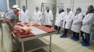 Teilnehmer stehen vor einen Tisch. Ein Metzger zerlegt eine Schweinehälfte