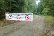 Ein Banner über einer Forststraße weist auf Forstarbeiten hin